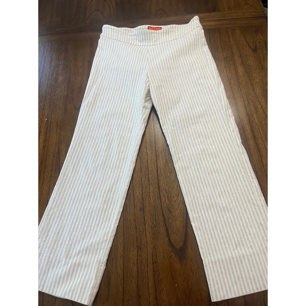 Krazy Larry Womens Tan White Striped Pull On Straight Leg Pants Size 14 USA Made